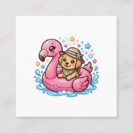 Söt Kawaii Sommar Valp Flamingo Pool FlotteKlister Fyrkantigt Visitkort