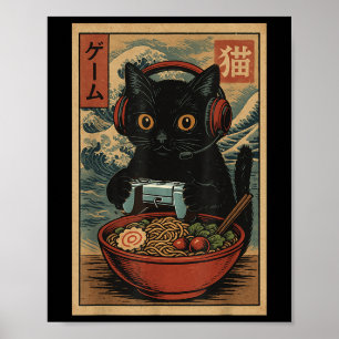 Söt Kawaii Spelande Katt Rolig Ramen Retro Japansk Poster