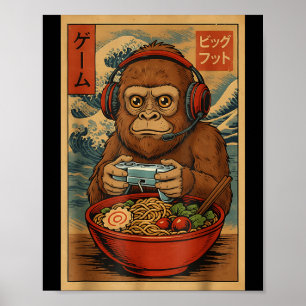 Söt Kawaii Spelare Bigfoot Ramen Retro Japansk Uki Poster