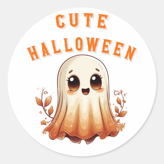 Söt Kawaii Spöke Med Höstlöv Halloween 👻 Runt Klistermärke (Framsida)