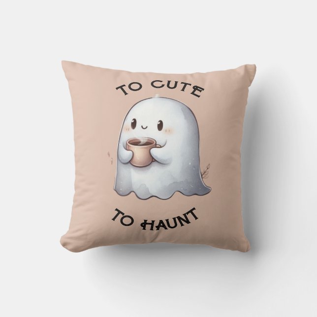 Söt Kawaii Spöke som Håller i Kaffe Vattenfärg  Kudde (Framsida)