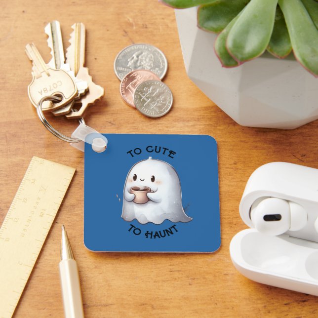 Söt Kawaii Spöke som Håller i Kaffe Vattenfärg  Nyckelring (Skrivbord)