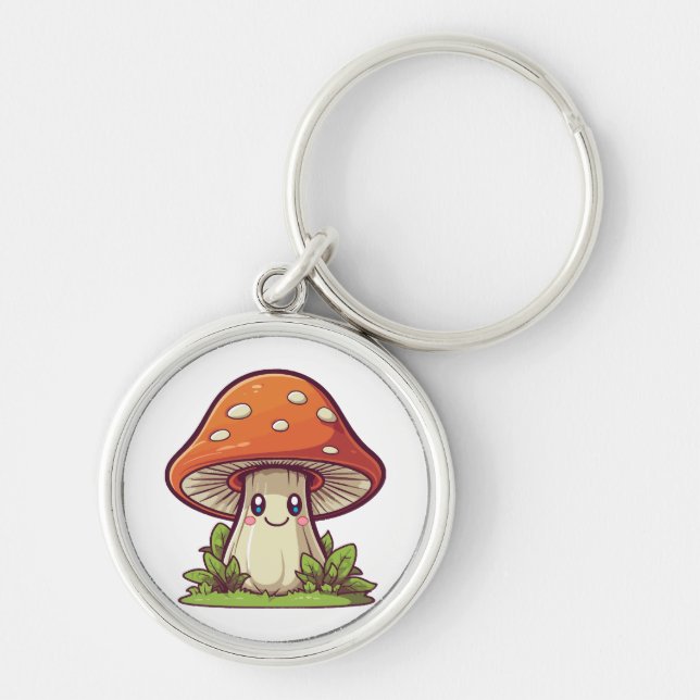 Söt kawaii stil, Svampplockning Rund Silverfärgad Nyckelring (Framsidan)