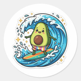 Söt Kawaii Surfande Avokado Havsvåg SommarSticker Runt Klistermärke