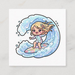 Söt Kawaii Surfingflicka Oceanvåg Sommardekal Fyrkantigt Visitkort