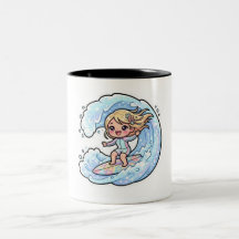 Söt Kawaii Surfingflicka Oceanvåg Sommarstrand S