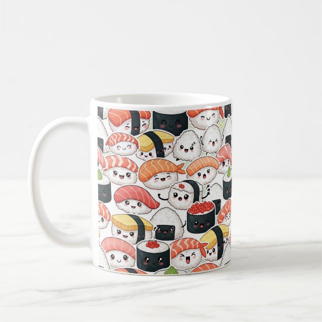Söt Kawaii Sushi Mönster Kaffe Mugg | Rolig Matmat (Vänster)