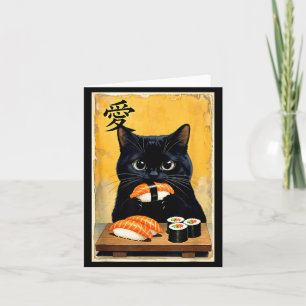 Söt Kawaii Svart Katt Äter Sushi Rolig Japansk Kort