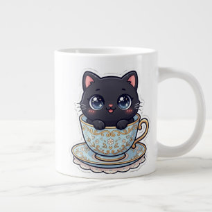 Söt Kawaii Svart Katt i Antik Blomsterteacup Jumbo Mugg