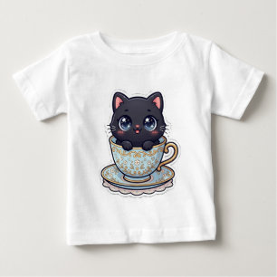 Söt Kawaii Svart Katt i en Antik Blommig Tekopp T Shirt