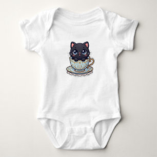 Söt Kawaii Svart Katt i Gammaldags Tekopp Baby T Shirt