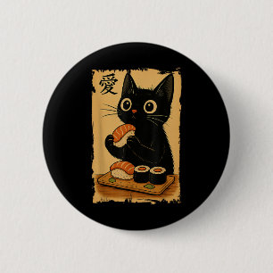 Söt Kawaii Svart Katt som äter Sushi Roligt Japans Knapp