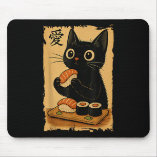 Söt Kawaii Svart Katt som äter Sushi Roligt Japans Musmatta