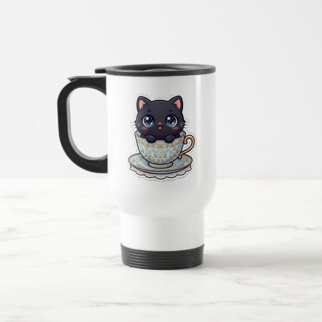 Söt Kawaii Svart Katt Vintage Tekopp Isolerad  Resemugg (Vänster)