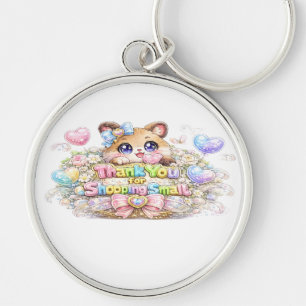 Söt Kawaii Tack För Att Handla Liten Katt Klisterm Rund Silverfärgad Nyckelring