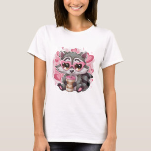 Söt Kawaii Tvättbjörn Hjärtformade Glasögon Pastel T Shirt