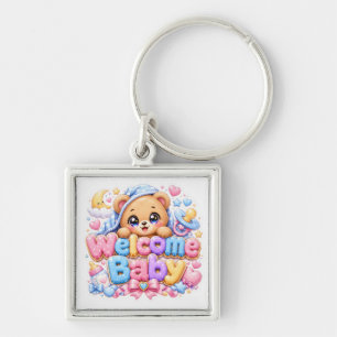Söt Kawaii Välkommen Bebis Teddybjörn Pastell Rosa Fyrkantig Silverfärgad Nyckelring
