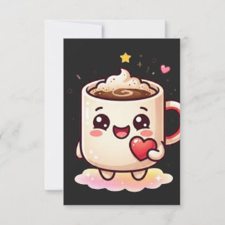 Söt Kawaii Varm Kakao Mugg med Hjärtat Vektor Il Tack Kort
