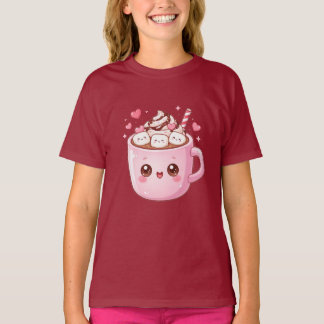 Söt Kawaii Varm Kakao Mugg med Marshmallows T Shirt