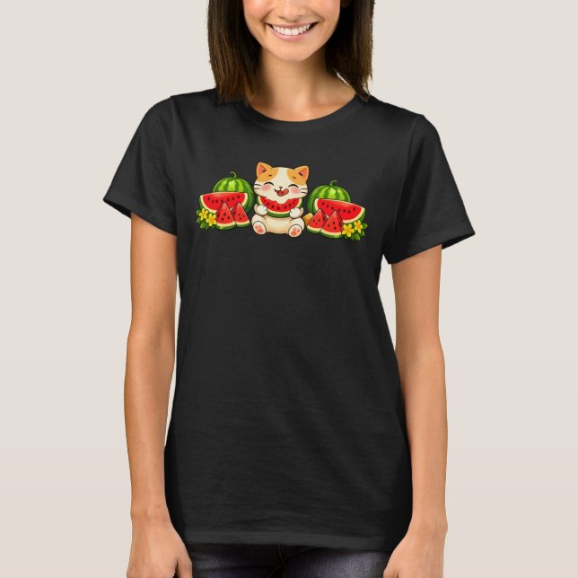 Söt Kawaii-Vattenmelon-Katt Sommarillustration T Shirt (Framsida)
