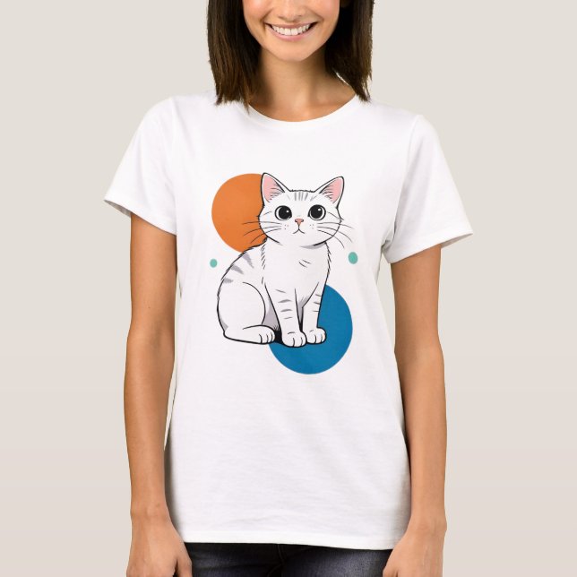Söt Kawaii Vit Grå Tabby Katt Illustration T Shirt (Framsida)
