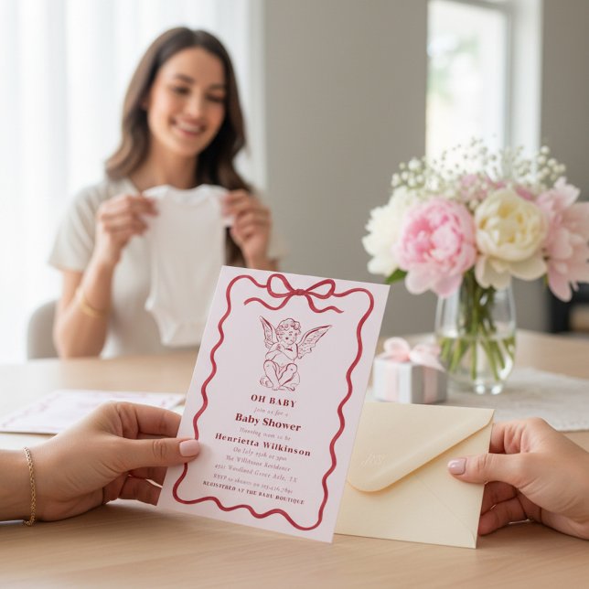 Söt Kerub Röd Rosett Rosa Babyförberedelsekort Inbjudningar (Skapare uppladdad)