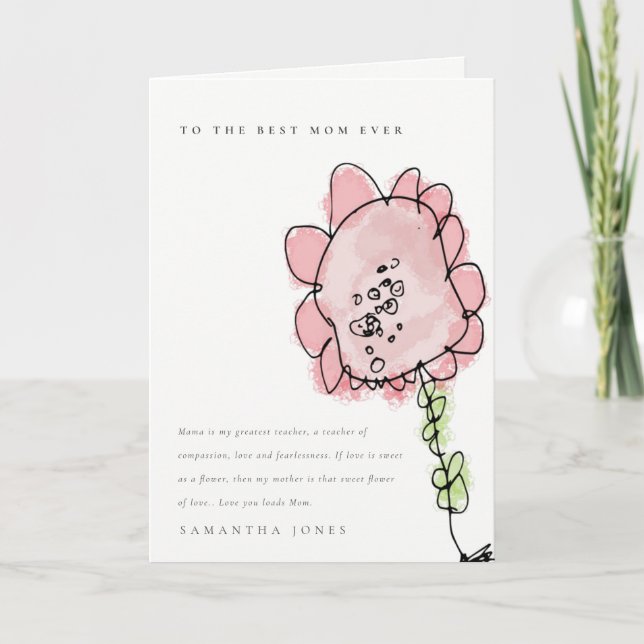 Söt Kid Ritad Rosa Blomma Botanisk Mors Dag Kort (Framsida)