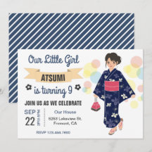 Söt Kimono Japansk Flickas Födelsedagsfest Inbjuda