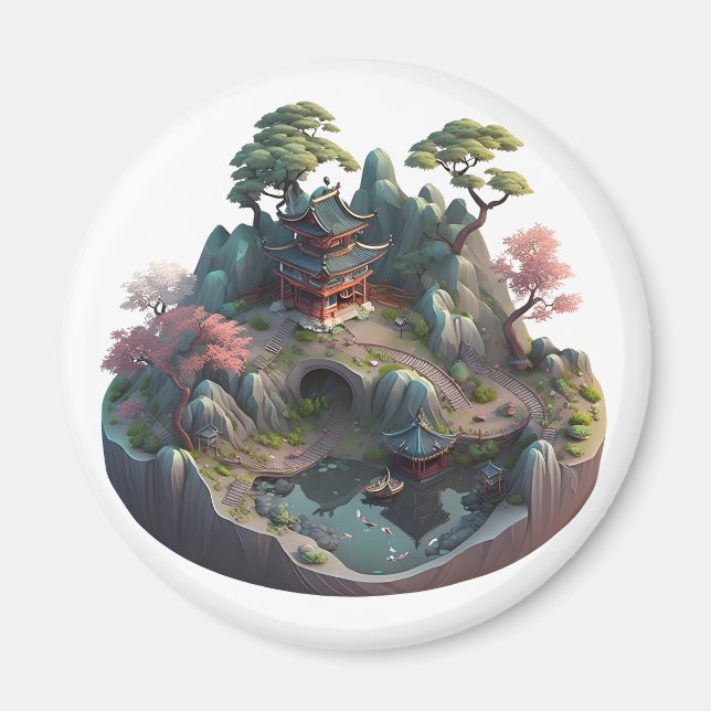 Söt kinesisk fantasy 3D landskapsrund magnet (Framsidan)