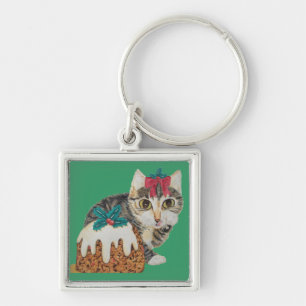 Söt kitten grått tabby slickande tass christmas fyrkantig silverfärgad nyckelring