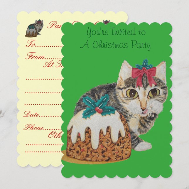 Söt kitten grått tabby slickande tass christmas inbjudningar (Fram/baksida)