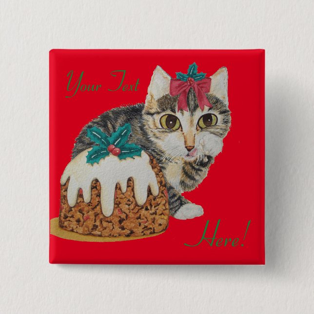 Söt kitten grått tabby slickande tass christmas knapp (Framsida)
