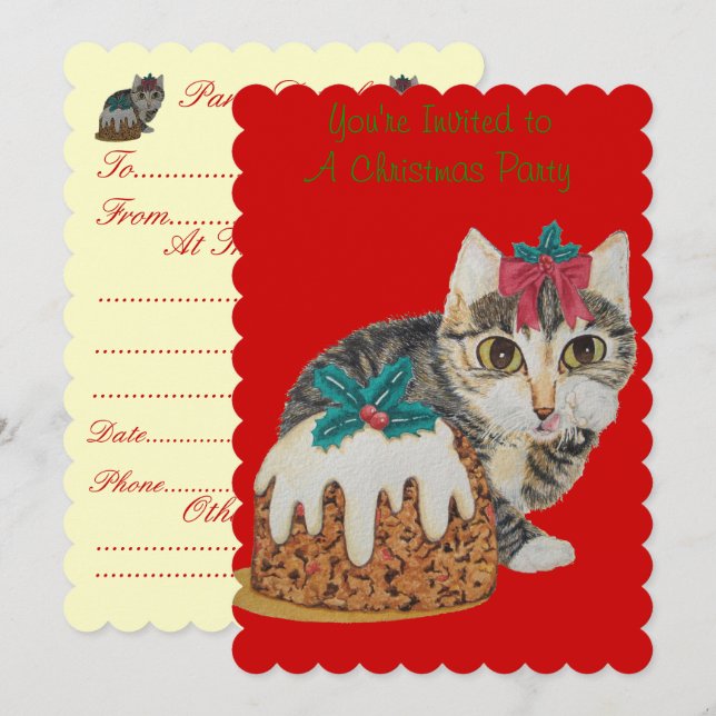 Söt kitten grått tabby slickande tass christmas pa inbjudningar (Fram/baksida)