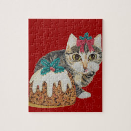 Söt kitten grått tabby slickande tass christmas pussel