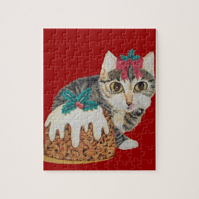Söt kitten grått tabby slickande tass christmas pussel (Vertikal)