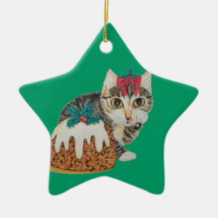 Söt kitten tabby katt som äter pudding på julkl julgransprydnad keramik