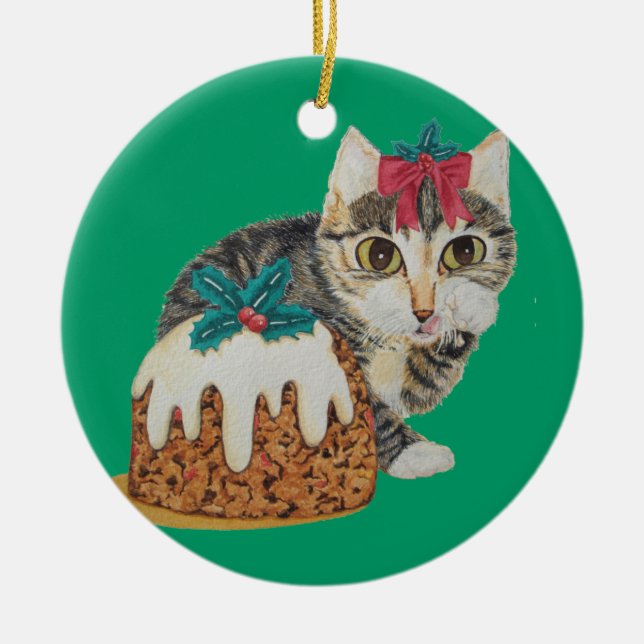 Söt kitten tabby katt som äter pudding på julklapp julgransprydnad keramik (Framsidan)