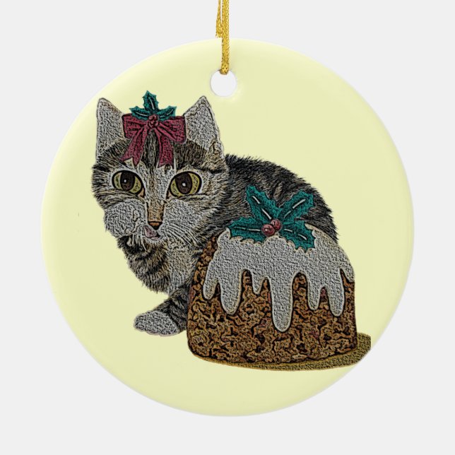 Söt kitten tabby katt som äter pudding på julklapp julgransprydnad keramik (Baksidan)