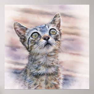 Söt Kitten Tittar upp vattenfärgen Stil Art Poster