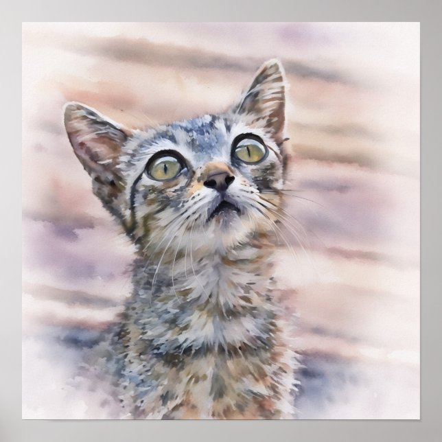 Söt Kitten Tittar upp vattenfärgen Stil Art Poster (Framsidan)