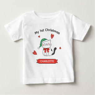 Söt Kitty Katt Anpassat Namn Baby's Första Jul T Shirt