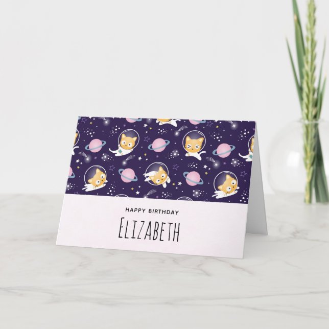 Söt Kitty Katt Astronaut Mönster Födelsedag Kort (Framsida)