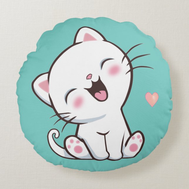 Söt Kitty Katt på Ljus Teal Rund Kudde (Framsidan)
