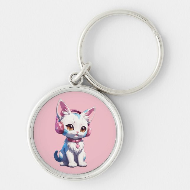 Söt Kitty med Hörlurar Magi Rund Silverfärgad Nyckelring (Framsidan)