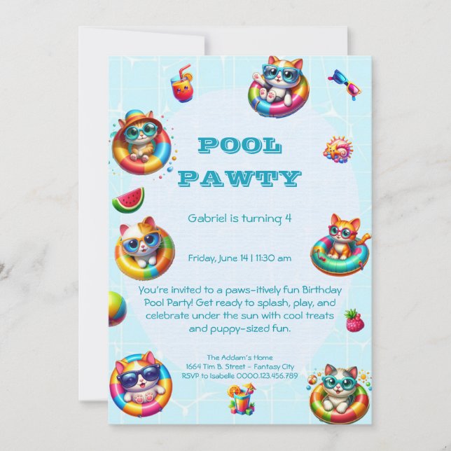 Söt Kitty-poolparty födelsedagsinbjudan  Inbjudningar (Framsida)