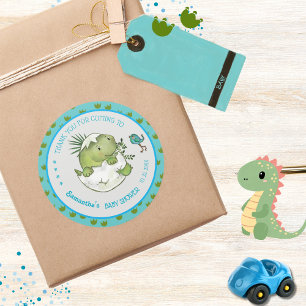 Söt kläckande dino anpassad baby shower tack kort runt klistermärke