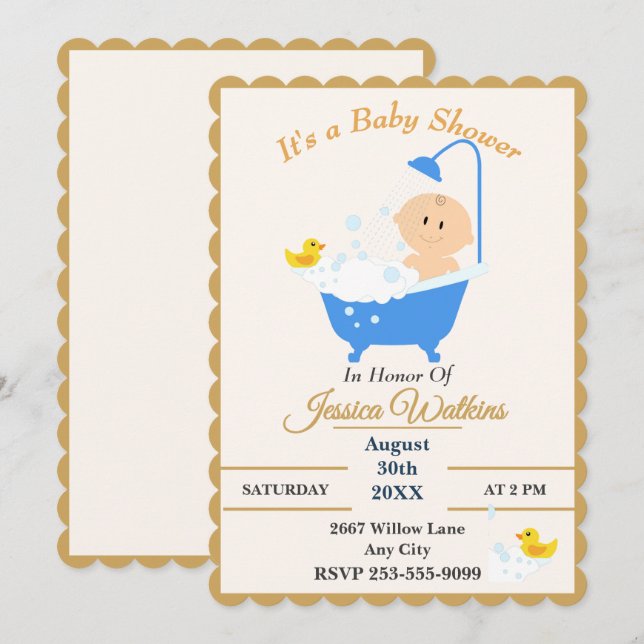 Söt Klassisk Baby Shower Badkar Design Inbjudningar (Fram/baksida)