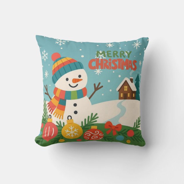 Söt, klassisk glad jul snöman kudde (Framsida)