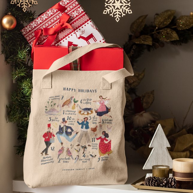Söt klassisk illustration av "Julens tolv dagar" Tygkasse (12 Days of Christmas Traditional Classic Gift Tote bag)