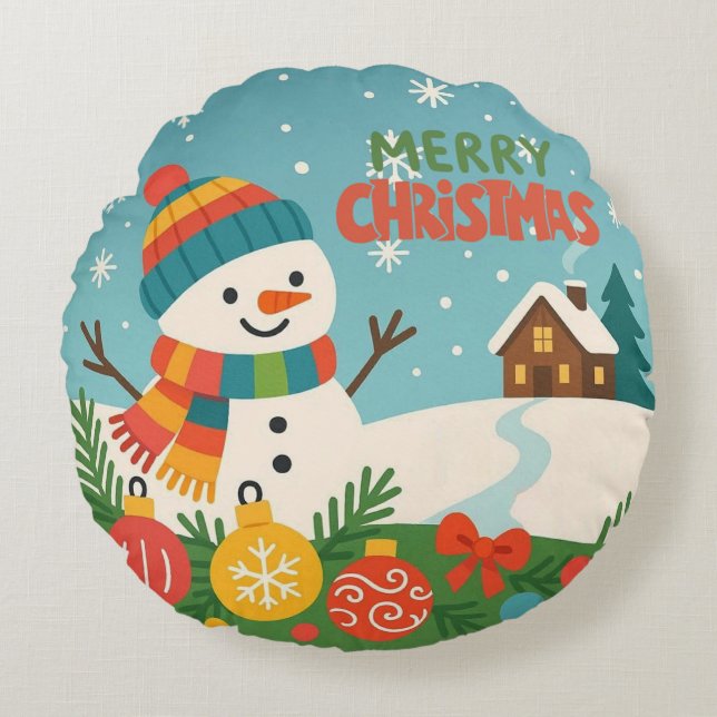 Söt, klassisk Merry Christmas snöman Rund Kudde (Framsidan)